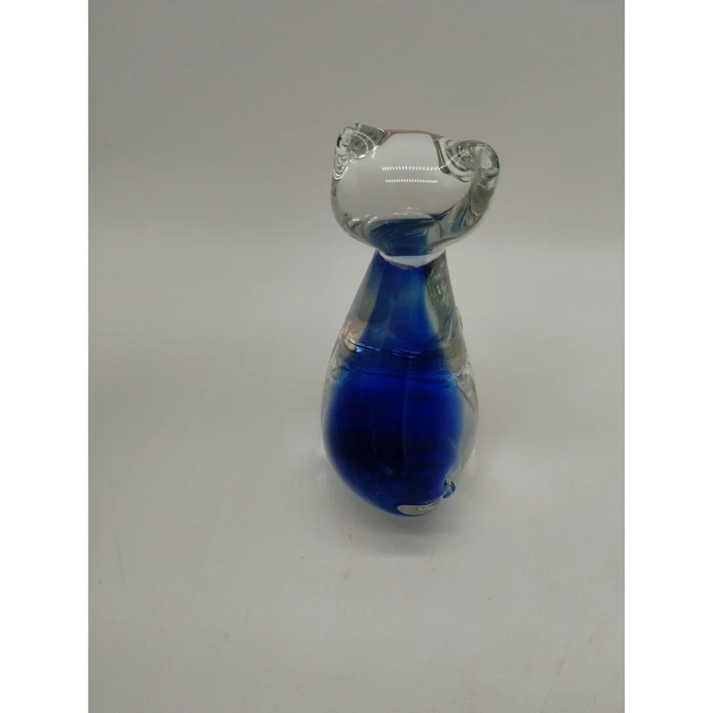 Art Glass Cat Kitten Figurine Paperweight Clear w/ Cobalt Blue Orange Ball Yarn